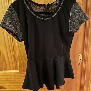 Black and Silver Cap Sleeve Peplum Blouse